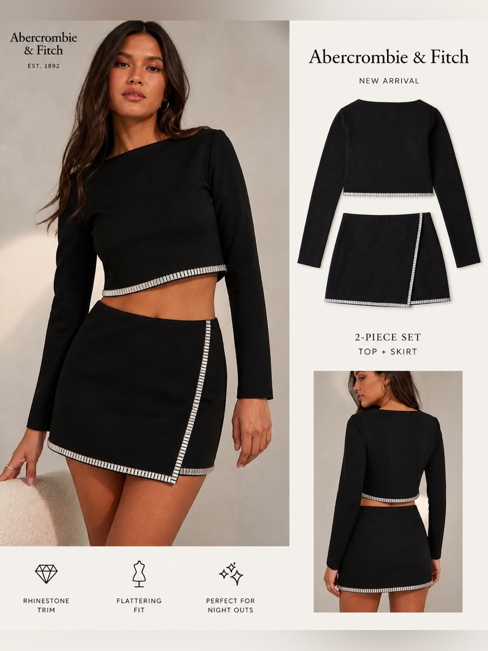 🆕 A&F 2-Piece Set 💎 Rhinestone Crystal Embellished Studded Trim Skirt & Top